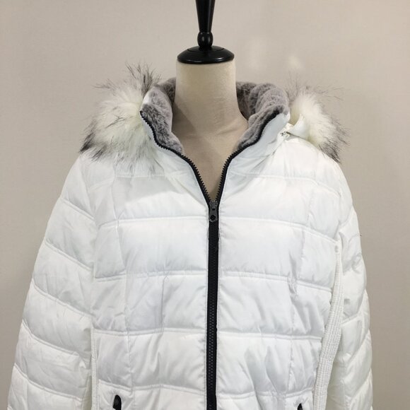 NAUTICA White Black Trim Zip Pockets Removable Fur Hood Puffer Jacket - Picture 6 of 13